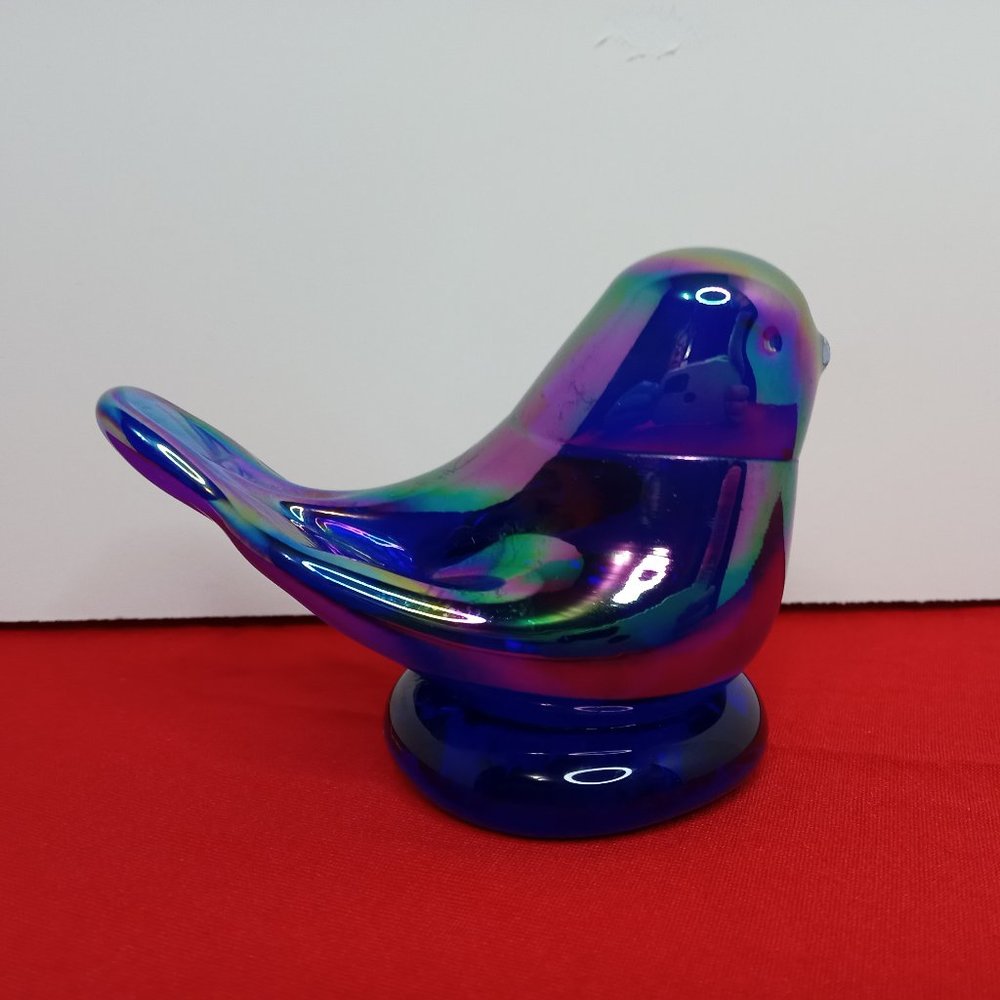 Vintage Terra Studios Rainbow and Blue Bird Carnival Glass Signed Leo Ward 1993